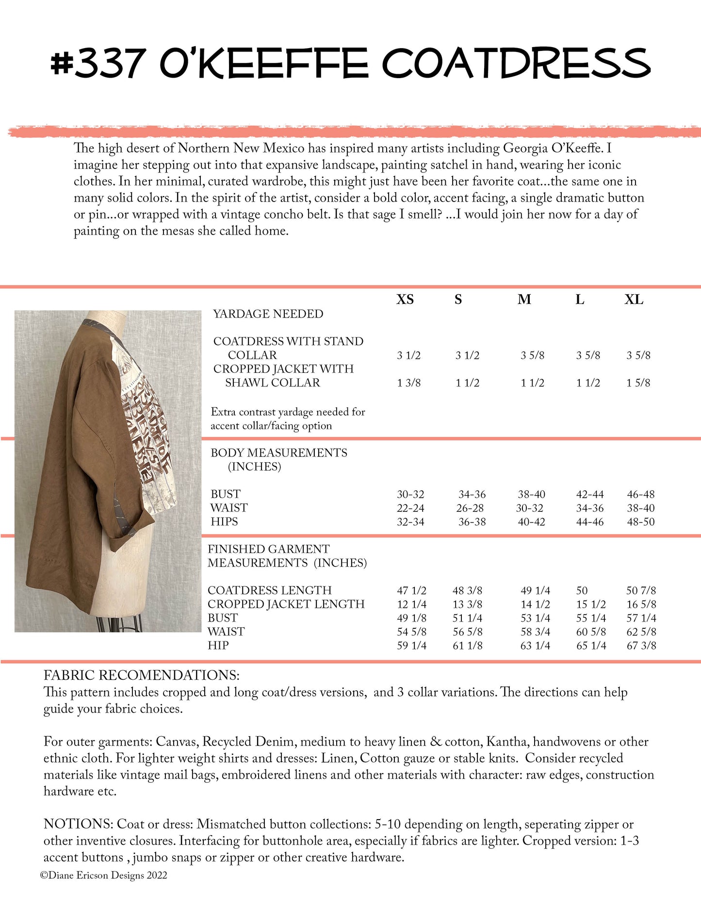 #337 THE O'KEEFFE COATDRESS - PDF PATTERN